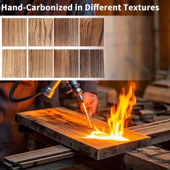 Illustratie van hout dat met een brander bewerkt wordt om verschillende texturen te creëren.