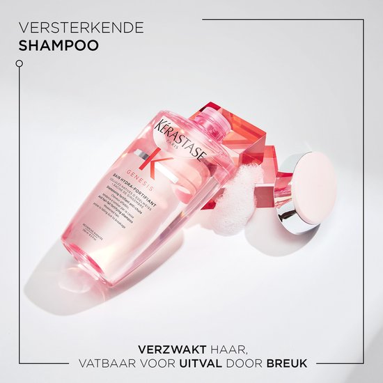 Shampoing Kérastase Genesis Bain Hydra-Fortifiant avec des bulles et des formes géométriques roses.