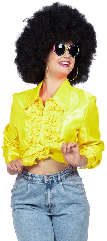 Costume des années 80 et 90 | Chemisier à Volants Jaune Satin Wrong Neon Disco | Taille 56 | Costume de carnaval | Déguisements