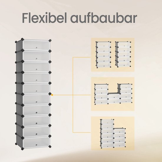 WOLTU Schoenenrek met 8 vakken, schoenenopslag voor 32 paar schoenen, schoenenkast voor hal, woonkamer, slaapkamer, schoenenorganizer met deuren, van modulaire PP-platen, wit, SRX26ws