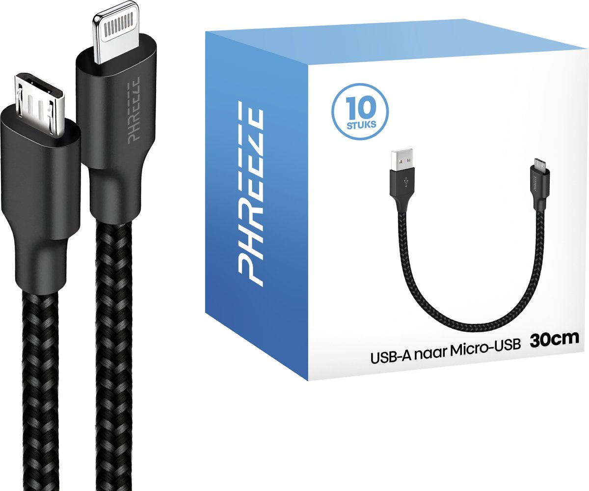 Grootverpakking micro usb kabels - Kort, 30cm, nylon, stevig, zwart - Phreeze