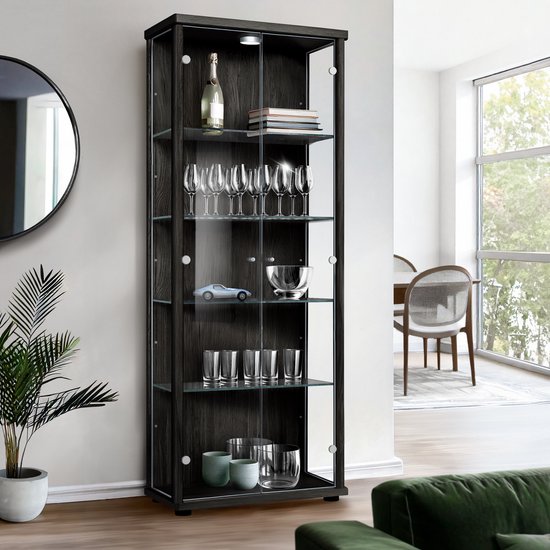 Vitrine sur pied à 2 portes et 4 étagères en verre réglables en hauteur - Éclairage LED - 176 x 67 x 33 cm - Zwart