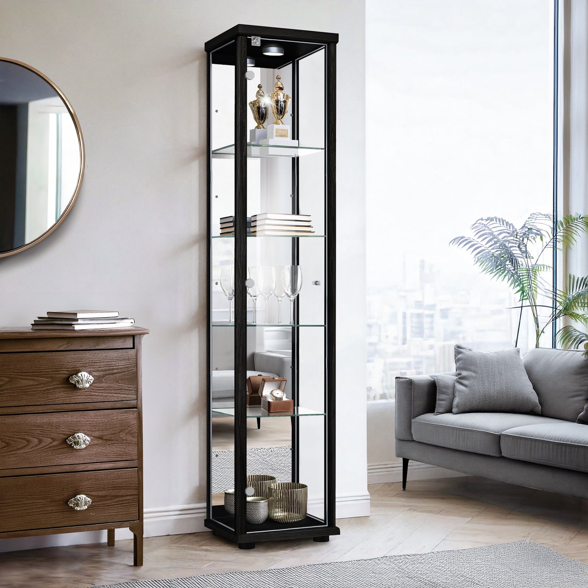 K-Möbel Vitrinekast met glas staand met 1 deur, 4 in hoogte verstelbare glasplanken, spiegel & slot - Vitrinekast met led verlichting - 176x37x33 cm - Zwart