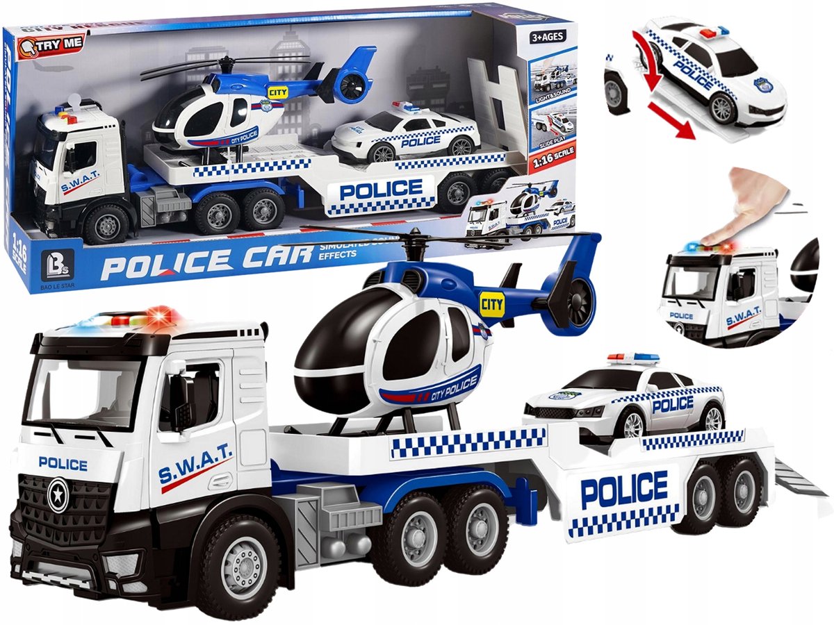 Politiewagen Sleepwagen met Helikopter en Auto, Geluid & Licht