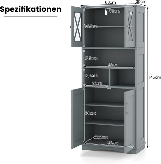 COSTWAY Badkamerkast, vrijstaande hoge kast met verstelbare planken, deuren en 3 vakken, badkamerkast met kantelbeveiliging voor badkamer, keuken, woonkamer, 60 x 30 x 145 cm (grijs)