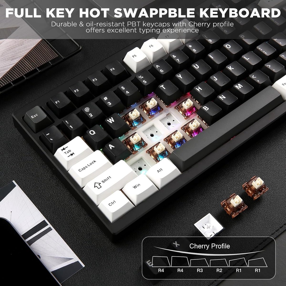 Yunzii AL80 - Zwart - Aluminium Mechanisch Draadloos Toetsenbord - 75% - Qwerty - Gaming Keyboard - RGB Lichten - Cacao Cream V2 Switch thumbnail 6