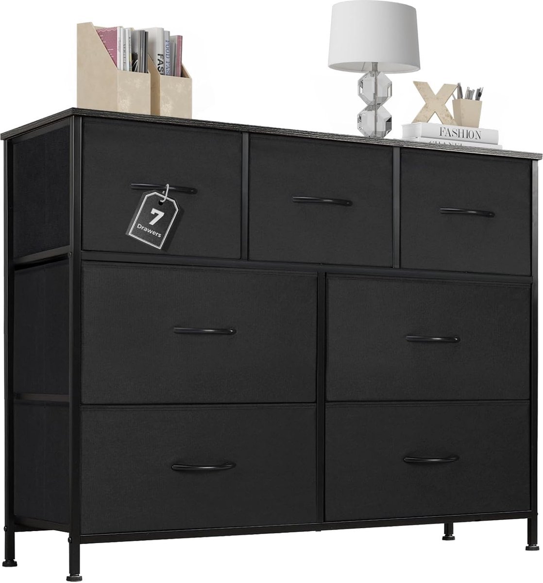Commode / Brede Ladekast met 7 Stoffen Laden – 100 × 30 × 77 cm – TV-meubel & Opbergkast voor Slaapkamer en Woonkamer – Metalen Frame – ZWART, HMTM-SC-7D-BK