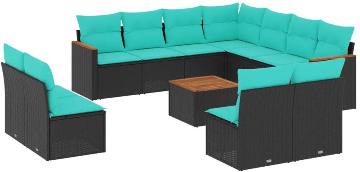 vidaXL - 12-delige - tuinbankset - met - kussens - van - zwart - polyrotan