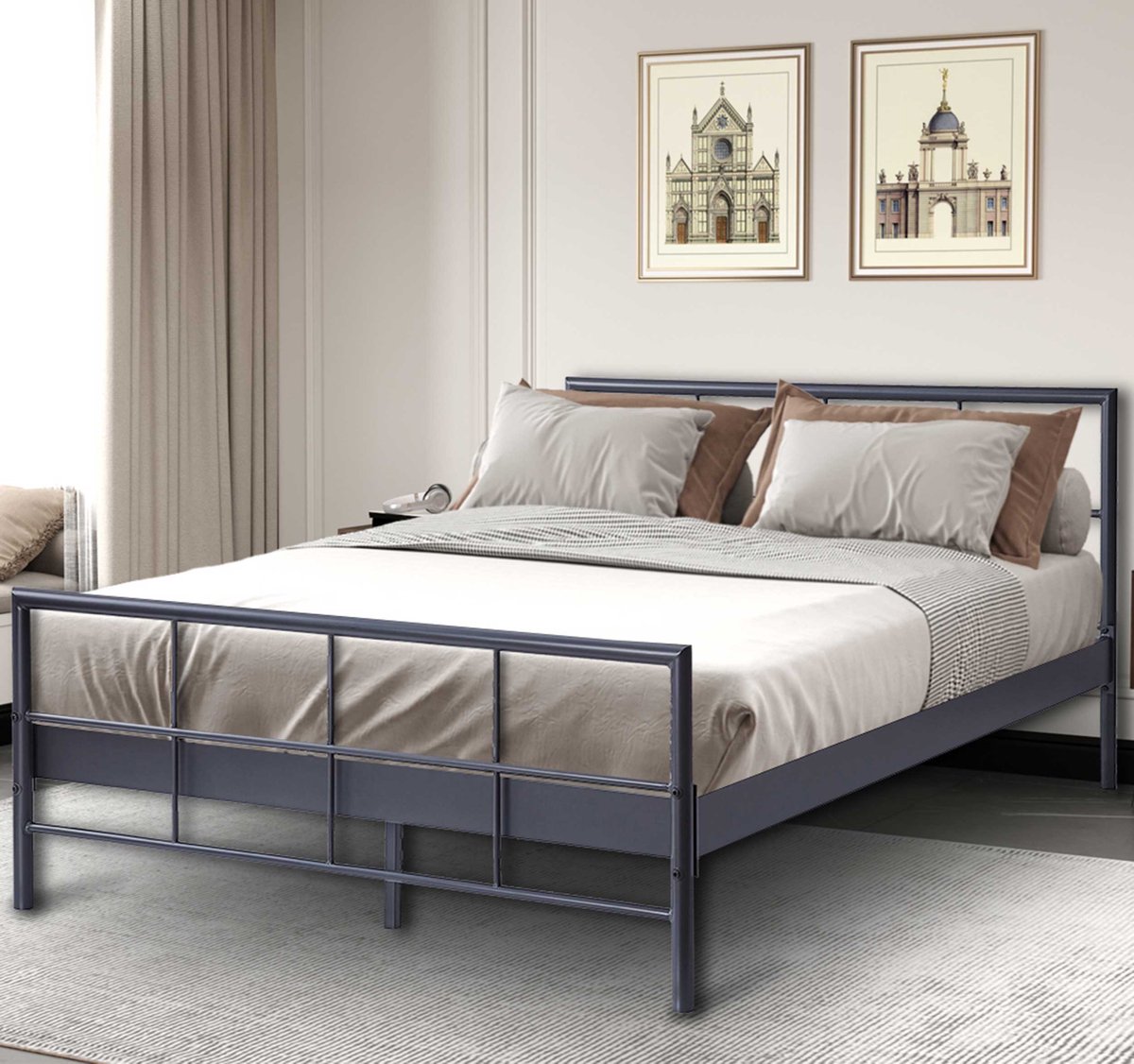 Metalen Bed Davy 140x200cm - Grijs - Rousseau - Tweepersoons Bedkader - Grijs - Metaal Tweepersoons Normaal Bed