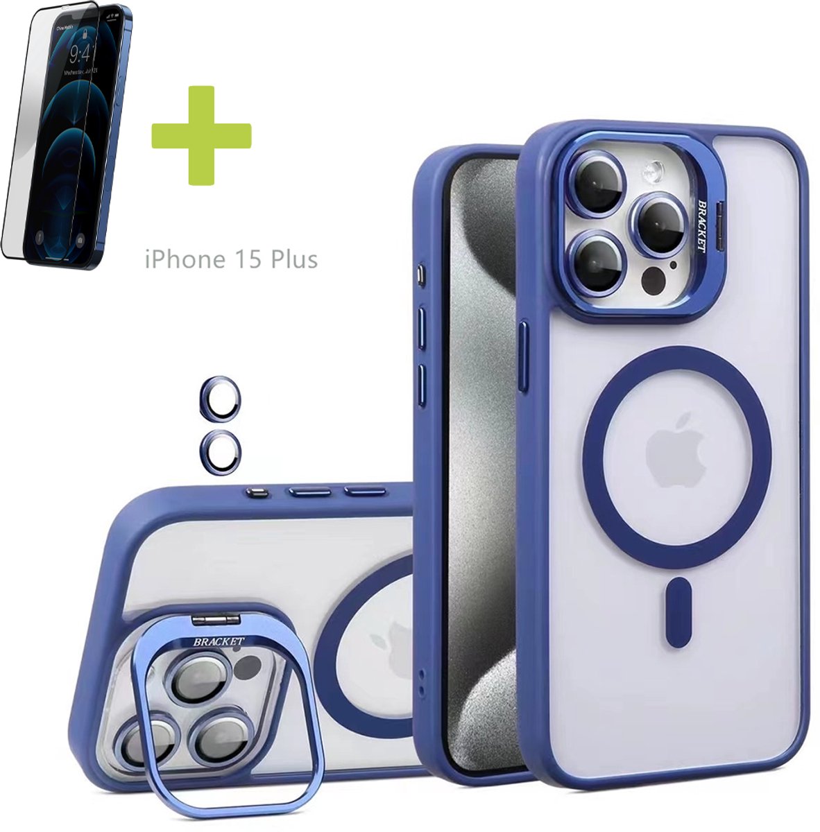 Standaards Hoesje voor iPhone 15 Plus, Compatibel met MagSafe Hoes, Acryl + TPU Case met Metaal Camerafolie, Transparant, Blauw - Screenprotector