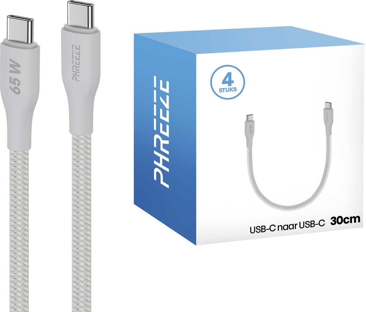 Korte usb C kabels - 4 pack - 65w fast charge & 480mbps data - Stevig nylon - Phreeze