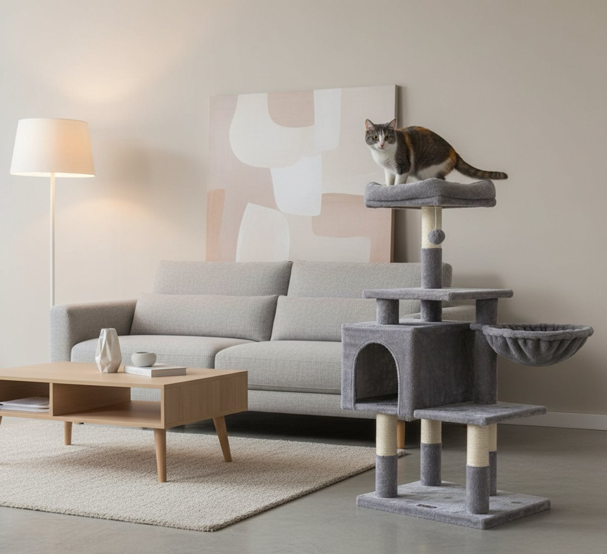 Kattenboom met Ligstoel 110 cm Lichtgrijs – Luxe Krabpaal met Huisje, Uitkijkplatform & Sisal Palen – Sterke Kattenkrabpaal voor Grote Katten en Kittens – Kattenmeubel voor Binnen – Industrialhome