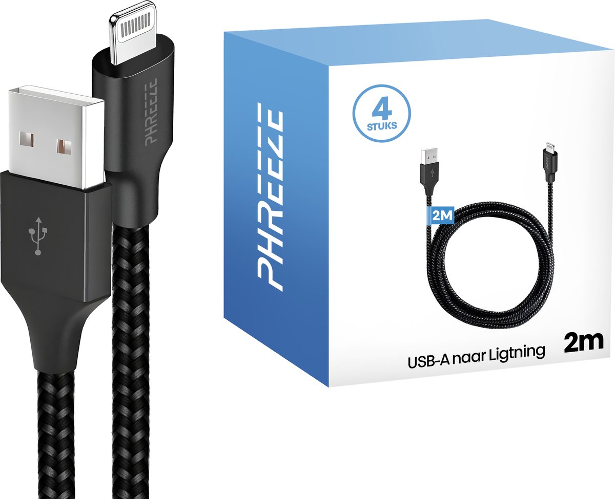 4x oplaadsnoer geschikt voor iPhone met Lightning naar usb - Oplaadkabel - 2 meter - Stevig