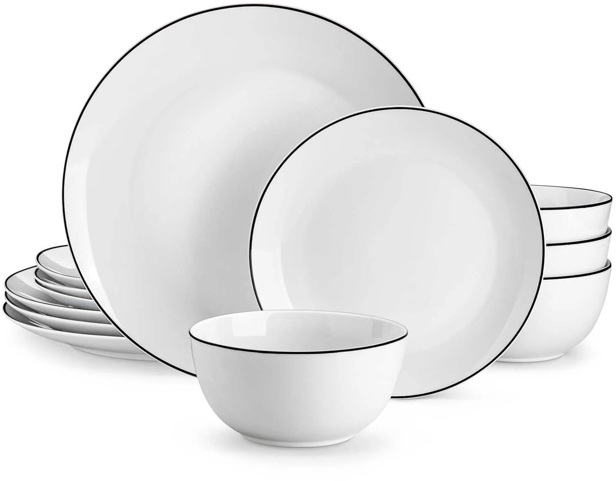 Serviesset - 4 Persoons Servies - Porselein - Dinerborden - Dessertborden - Ontbijtkommen - 12-delige Set - Wit - Zwart