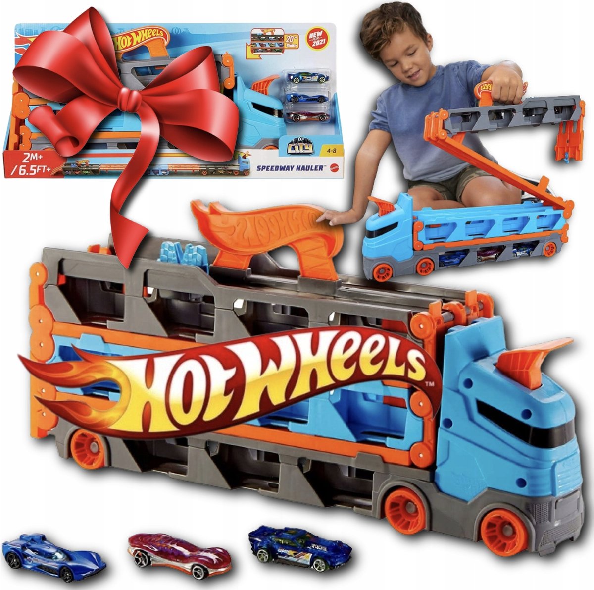 Hot Wheels Transporter & Racebaan 2-in-1 met 3 Auto's