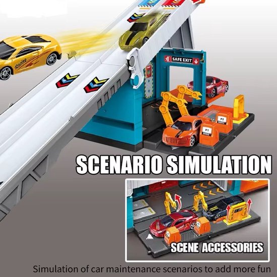 OODBLUE Racebaan met 5 Metalen Auto’s - 2-in-1 Autogarage & Opvouwbare Speelset - Met Draagkoffer - Perfect Cadeau voor Kinderen van OODBLUE — afbeelding 4