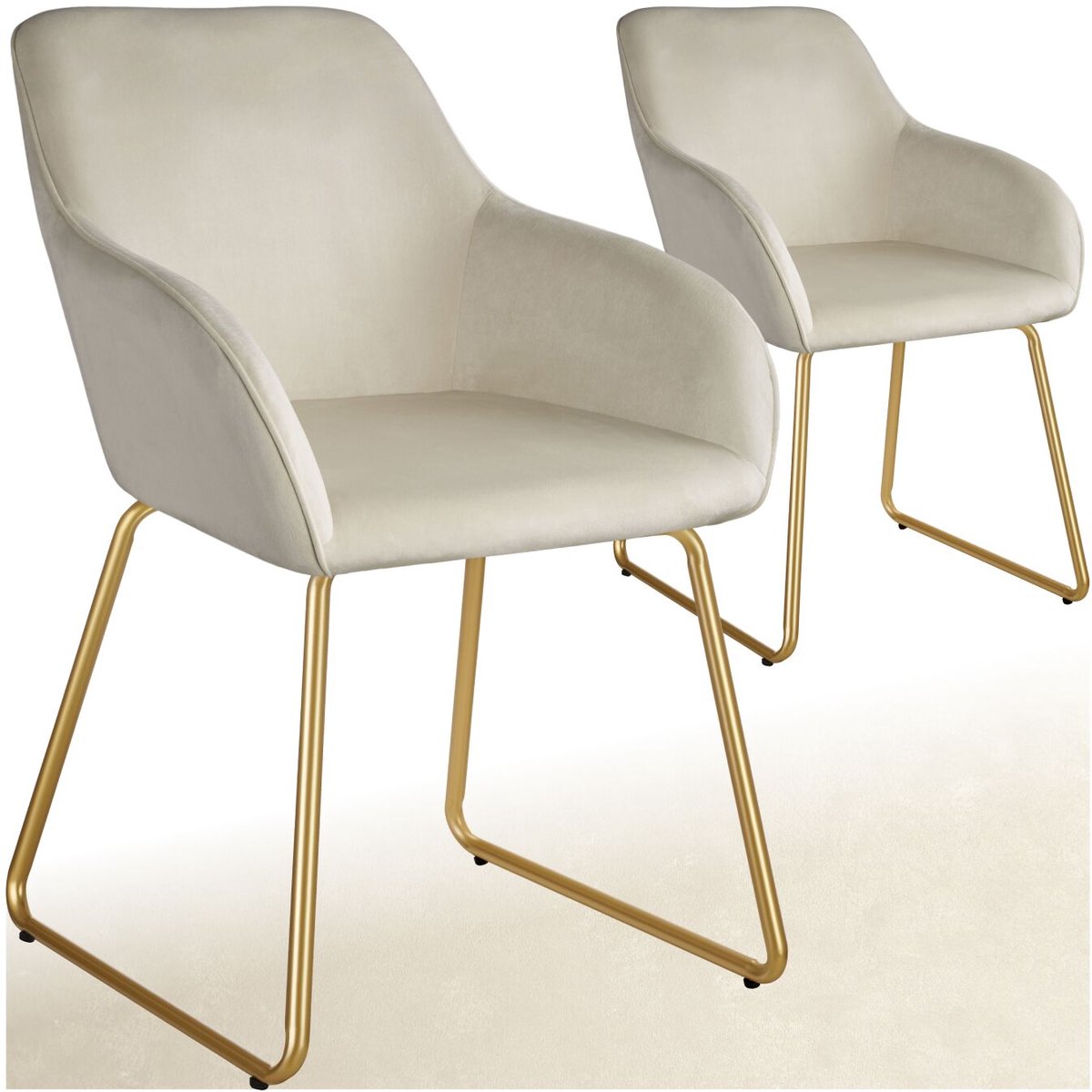 Tectake Eetkamerstoel Jeane - Set van 2 Eetkamerstoelen - Met doorlopende rugleuning en armleuning - Kuipstoelen met fluwelen bekleding - Stijlvolle keukenstoelen voor eetkamer of woonkamer - Slipvrije en vloerbeschermende voetjes - Crème/goud Fluweel crème/goud