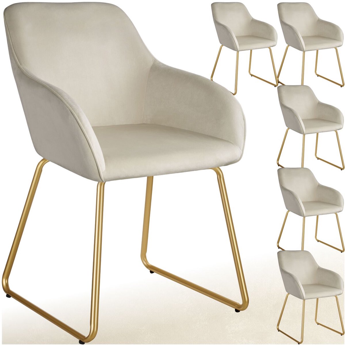 Tectake Eetkamerstoel Jeane - Set van 6 Eetkamerstoelen - Met doorlopende rugleuning en armleuning - Kuipstoelen met fluwelen bekleding - Stijlvolle keukenstoelen voor eetkamer of woonkamer - Slipvrije en vloerbeschermende voetjes - Crème/goud Fluweel crème/goud