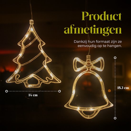 Afmetingen van LED kerstboom (14 cm) en kerstbel (18.3 cm) decoraties met warm wit licht.