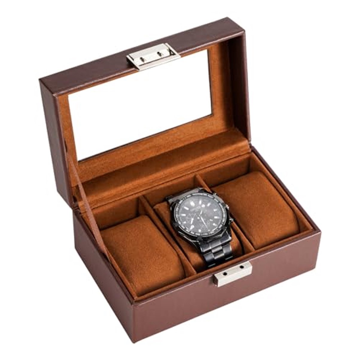Heren Horloge Doos - Schokbestendig met 3 Compartmenten en Glazen Deksel voor Horloge Enthousiast