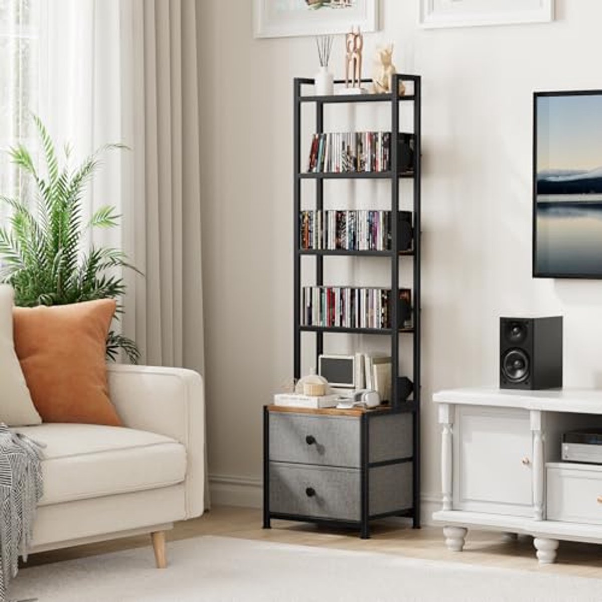 CD opbergrek met laden, 6-laags houten media-organizer met stevig metalen frame en verstelbare boekenstoppers