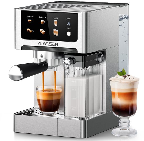 AIRMSEN 3-in-1 Espressomachine 20 Bar – Latte & Cappuccino – 1,8L Waterreservoir – Melkopschuimer – Dubbele Boiler RVS (1350W + 1000W)