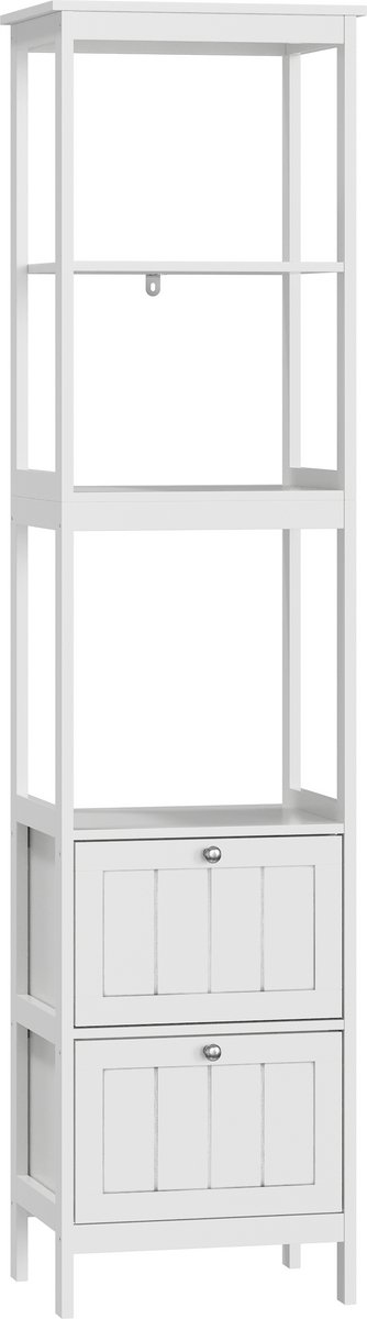 Nauwe Hoge Kast, Badmeubel, Smalle Vrijstaande Onderkast, Wasgoedtoren van Hout, Vrijstaande Kast met 2 Lades en 3 Planken, 40L x 30B x 160H cm, Wit