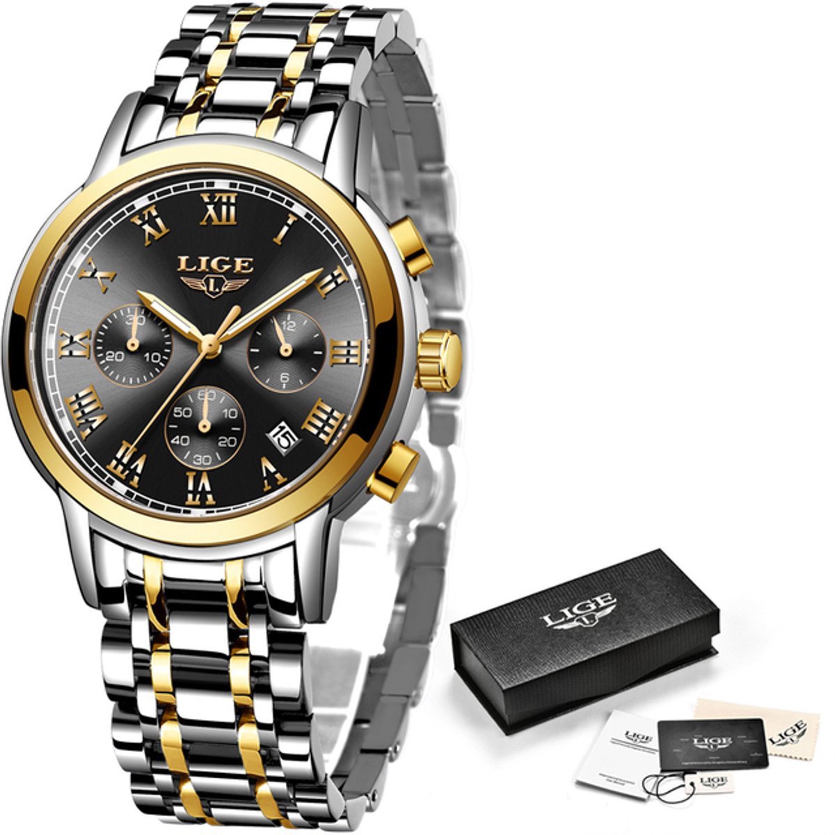 LIGE Casual DTS 1004 - Horloge - RVS - Ø 42 mm Zilver Goud Zwart
