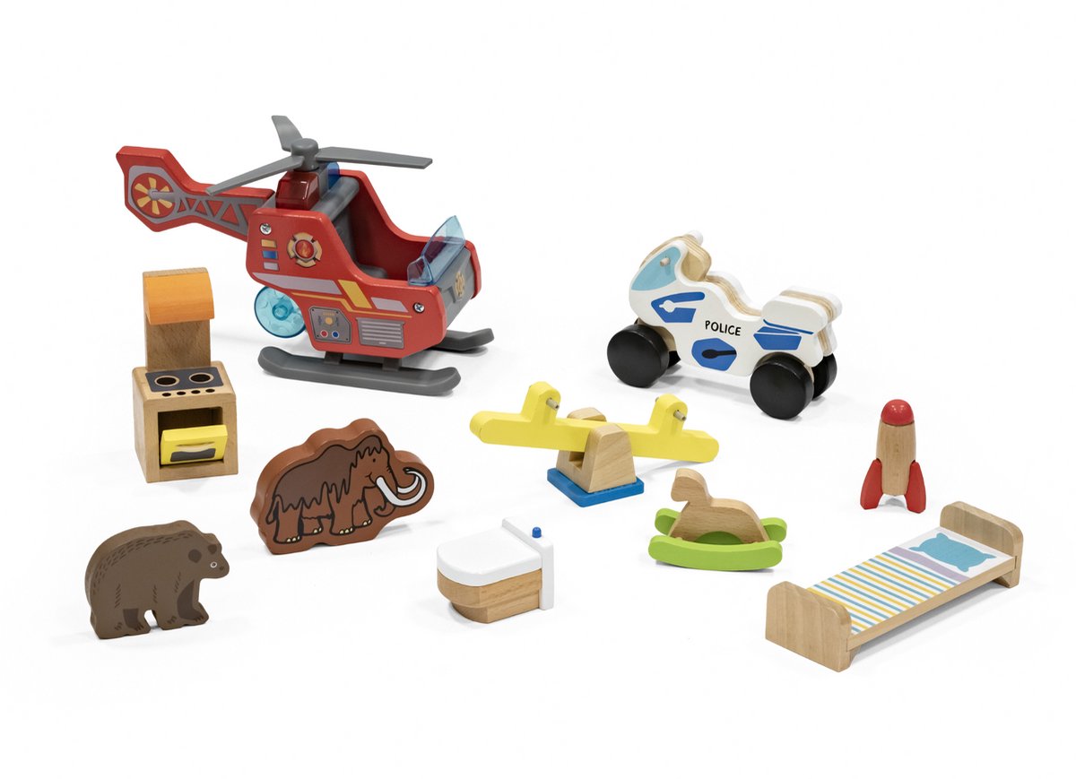 Stokke MuTable-speelgoed voor speelhuis van Hape Toys - Herontworpen in 2023 - Tien kleurrijke, houten speelgoed meubels, -dieren en een helikopter - voor kinderen vanaf 3 jaar