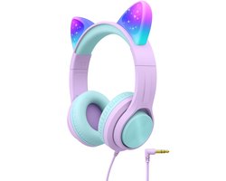 Intelectro Koptelefoon voor Kinderen - Coole LED Verlichting en Helder Geluid - 94Db Begrensd - Verschillende Lichtstanden - Ingebouwde Microfoon - Comfortabel en Draagbaar Ontwerp - Paars - Levering Sneller dan Aangegeven!
