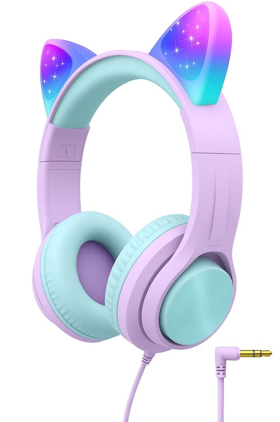 Intelectro Koptelefoon voor Kinderen - Coole LED Verlichting en Helder Geluid - 94Db Begrensd - Verschillende Lichtstanden - Ingebouwde Microfoon - Comfortabel en Draagbaar Ontwerp - Paars - Levering Sneller dan Aangegeven!