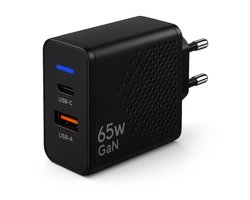 Gmedia USB-C Oplader 65W – 2-Poorts Snellader met USB-C PD & USB-A QC 3.0 – Krachtige Universele Adapter voor Telefoon, Tablet & Laptop - Zwart