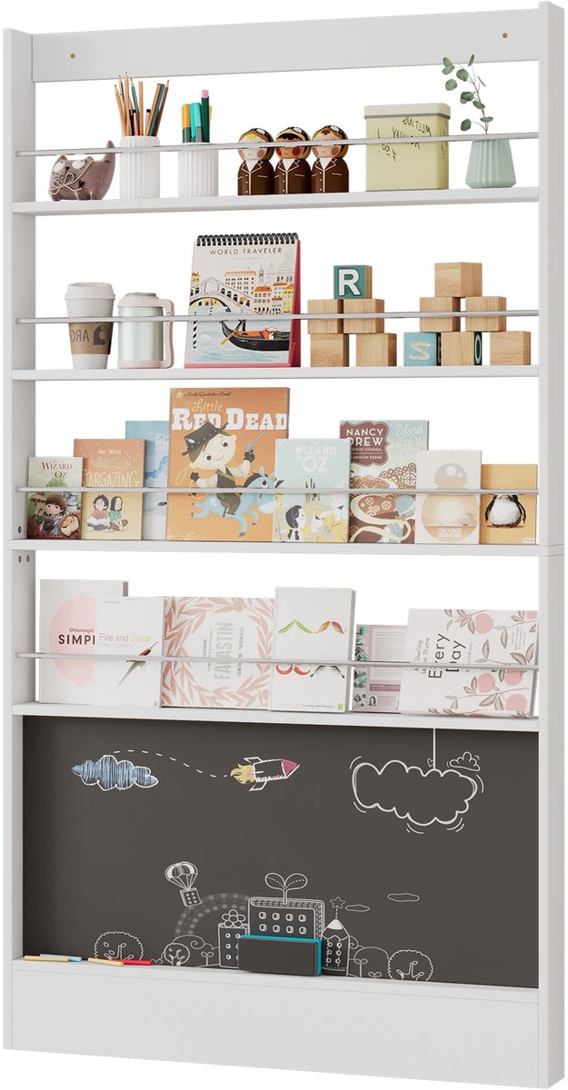 Merax Kinderboekenkast & Uitrustingsrek – 4-lagen Opbergkast met Zwartbord – Kantelbeveiliging – 100x10x180cm – Plaatsbesparend