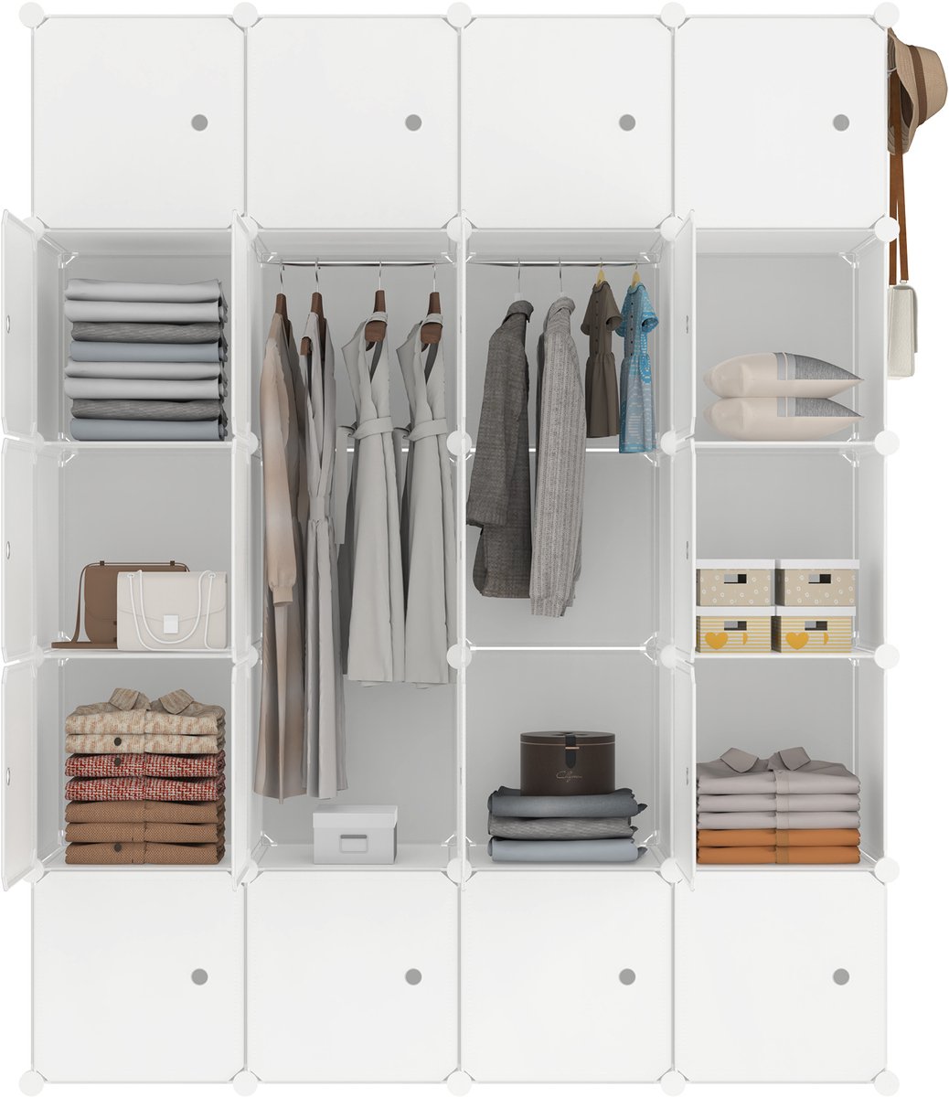 Aufun DIY garderobekastsysteem – schoenenrek met kledingstang – modulair – ruimtebesparend – opvouwbaar met deuren – 20 vakken – beige