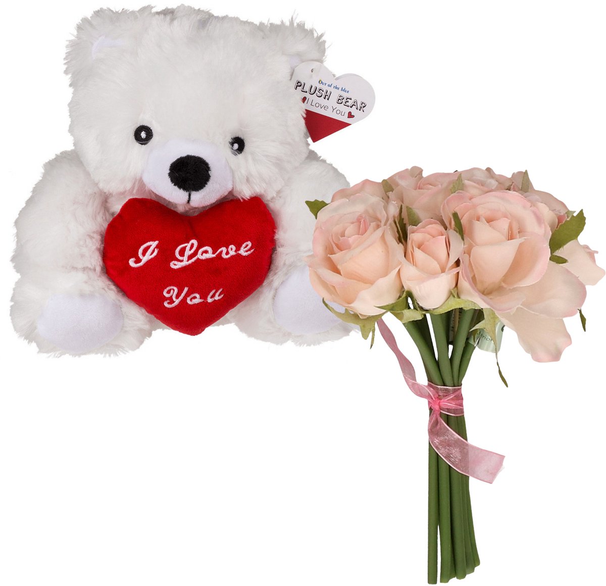 Valentijnscadeau - Beertje en rozenboeket- kunstbloem - wit - cadeau - romantisch