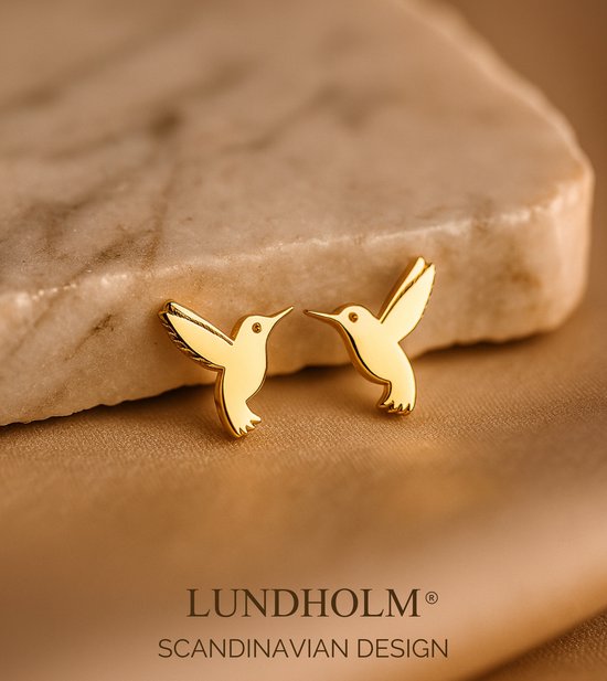 Clips d'oreilles Lundholm pour femme, motif colibri doré – Acier inoxydable de Premium – Plaqué or – Élégantes Boucles d'oreilles Vogel – Coffret cadeau de Luxe