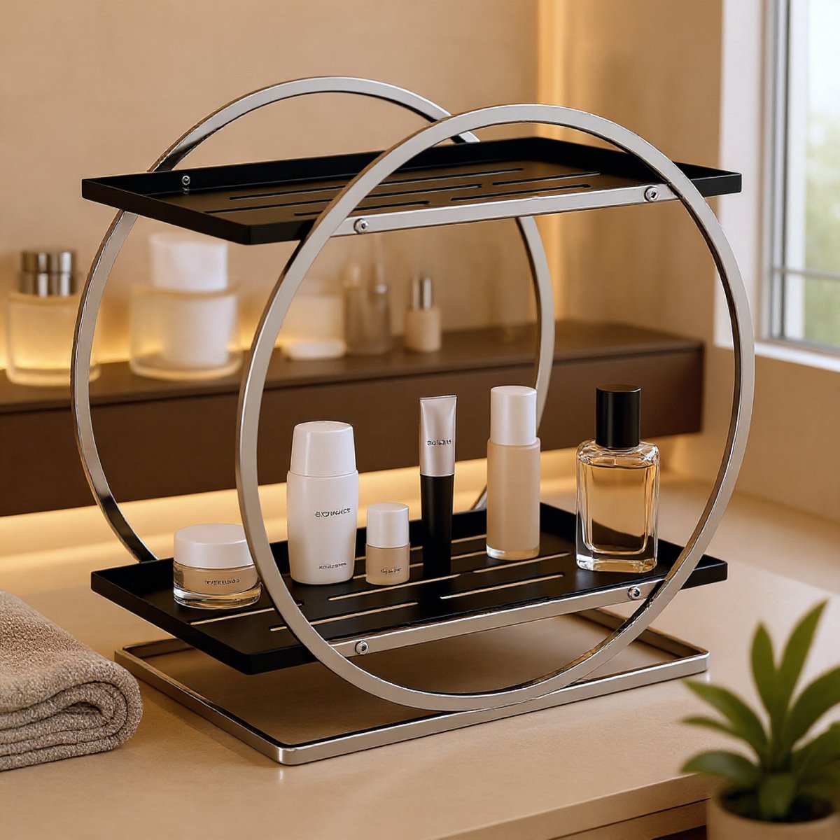 REFTTENW Make up organizer - Parfum organizer staal - parfum display - 2-laags Badkamer organizer - Metalen parfum organizer voor slaapkamer, badkamer - Zilver