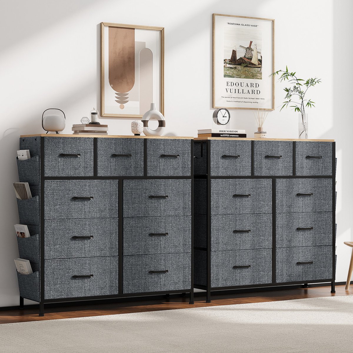 Verticale ladekast met 9 lades voor slaapkamer, kantoor, wasruimte, hal, kinderkamer, stalen frame, MDF-houten blad, stoffen lades, grijze stof, 98,8 x 30 x 100 cm,
