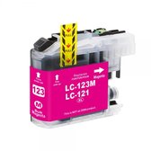 Magenta inktcartridge, type LC-123M, LC-121 XL. "This side up" en "PULL" pijlen. "Bulk Magenta" tekst.