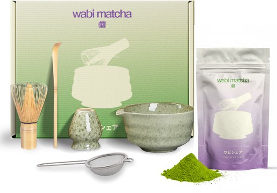 Wabi Matcha Set en Ceremoniele Matcha Poeder - Matcha - Ceremonieel - 5-delig - Matcha Klopper - Matcha Kom - Matcha Zeef - Matcha poeder