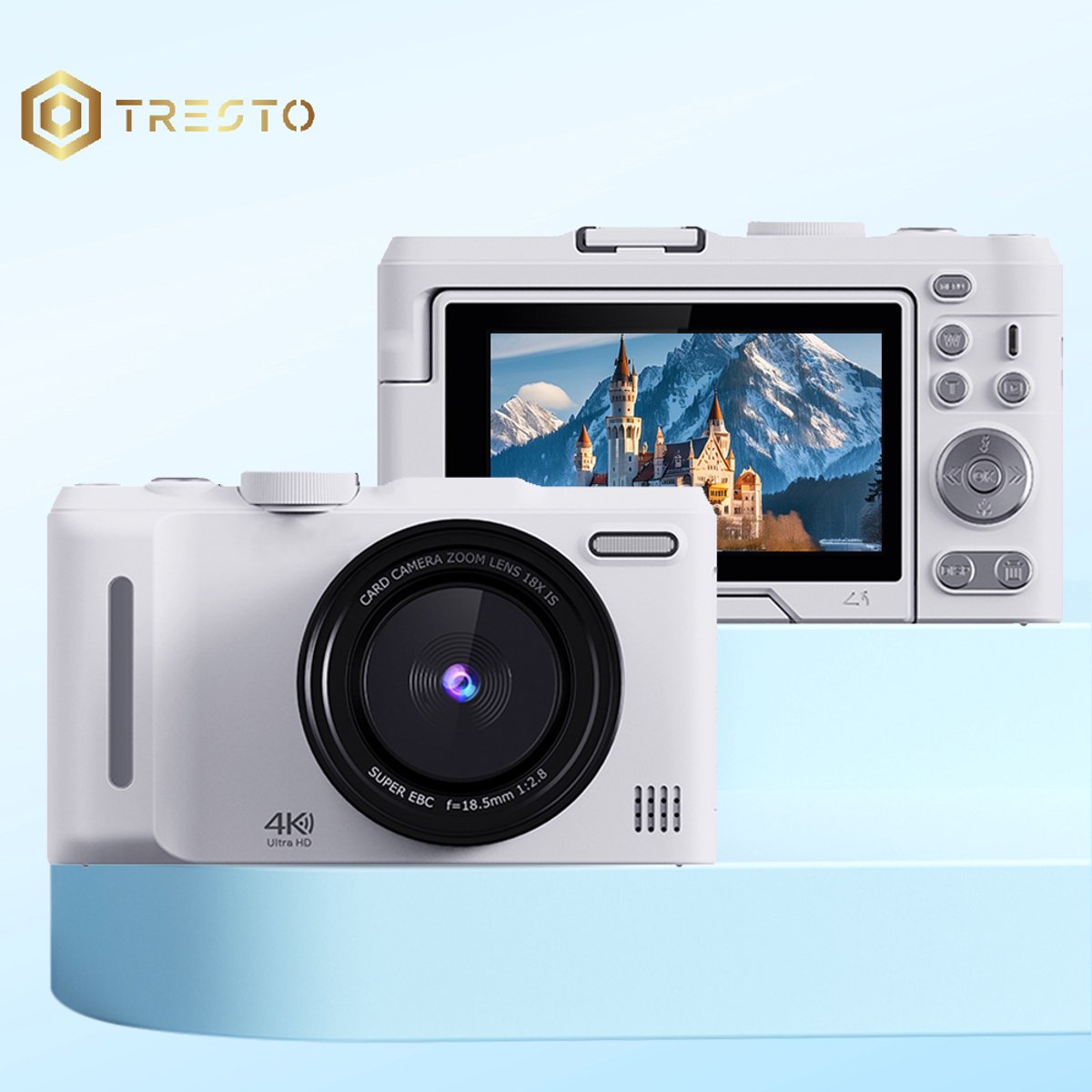 TRESTO - 4K Digitale Camera - 64 MP 18x Digitale Zoom - Autofocus Videocamera met 3 Inch Flip-scherm - Compacte Anti-shake Vlogcamera - voor Live Streaming Reisfotografie - 64 MP - Autofocus