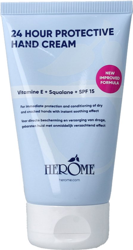 Tube Herome 24 Hour Protective Hand Cream met vitamine E, squalaan en SPF 15, met 'New Improved Formula' label.