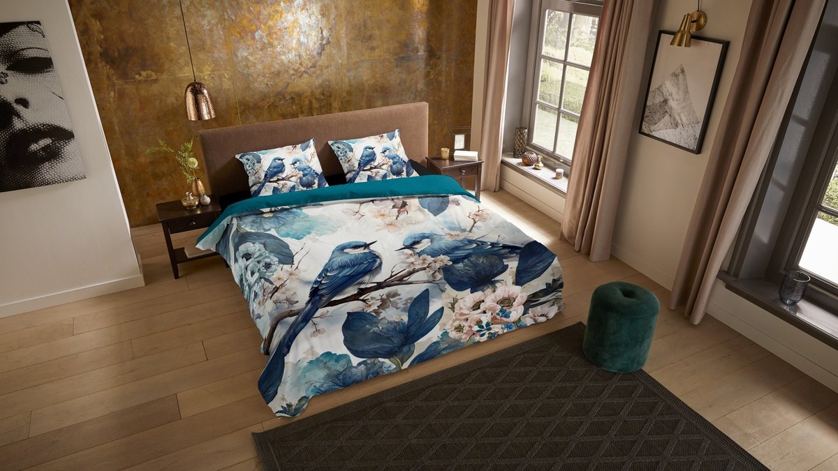 Pure dekbedovertrek blauwe vogels - 2 persoons 200x200/220 cm - Blauw - Microvezel