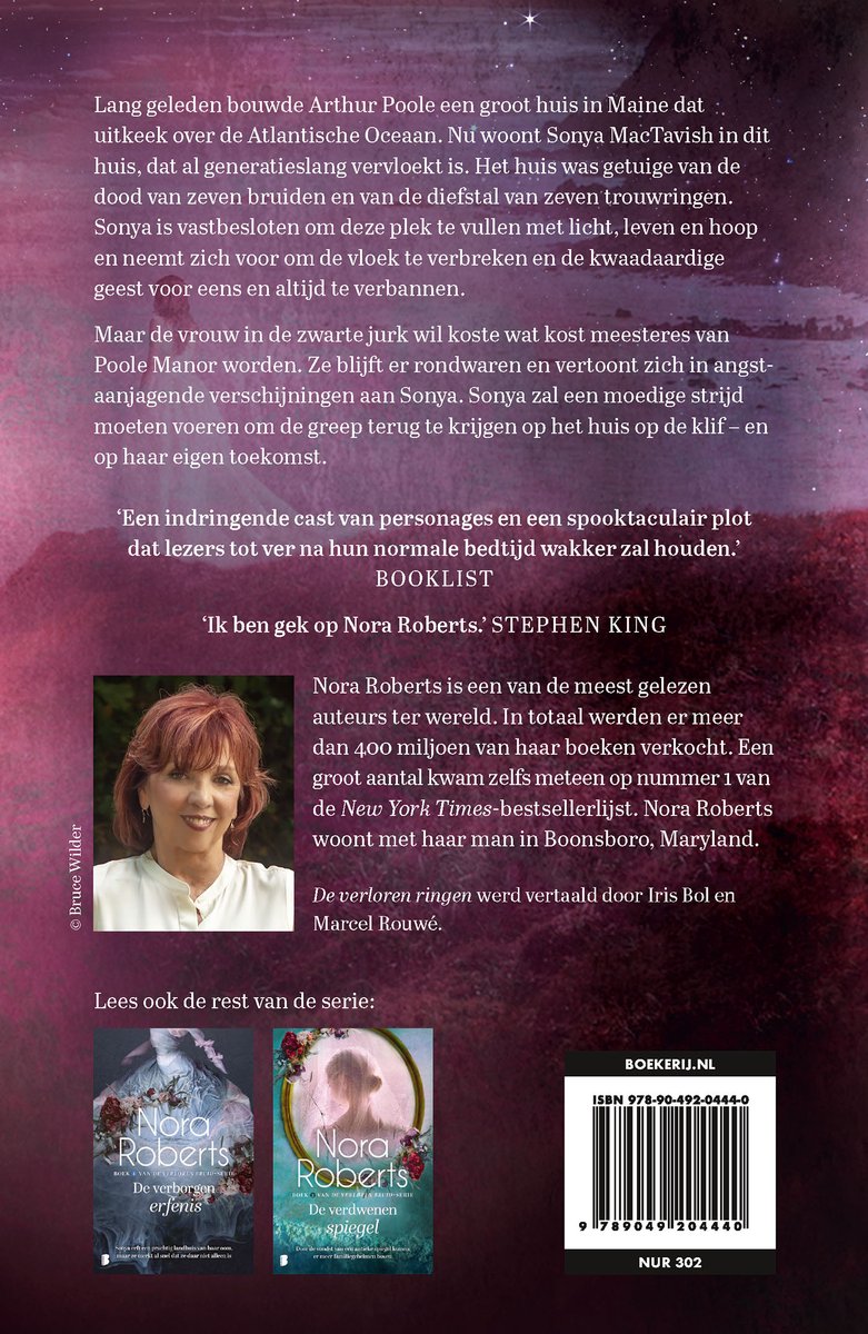 Achterkant van boek 'De verloren ringen' met foto auteur, recensies en andere boeken uit de serie.