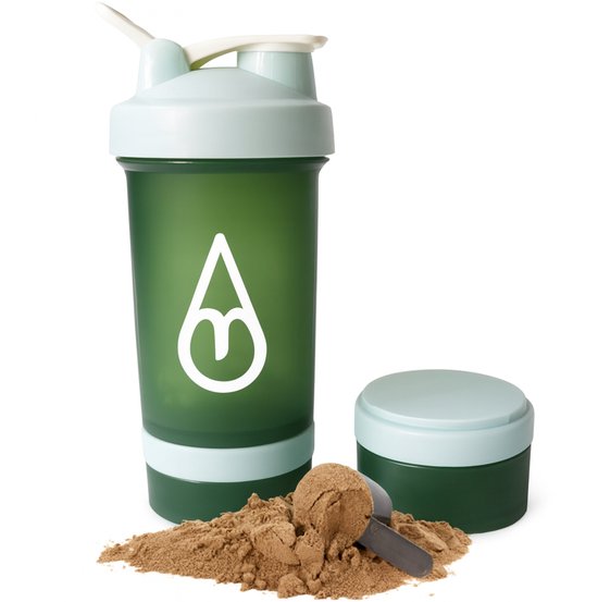Shakebeker met poedercompartiment - Motivai® - Groen - Shaker - 3 delige shaker - 600ml - Motivatie Waterfles - Voor het maken van Shake's - Ook voor supplementen - extra compartimenten voor eiwit en preworkout en/of pillen - met shakebal