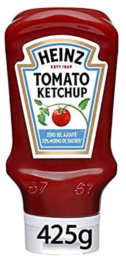 Ketchup sans sel ajouté avec 70 % de sucre en moins – Bouteille Soft Top Down 425 g
