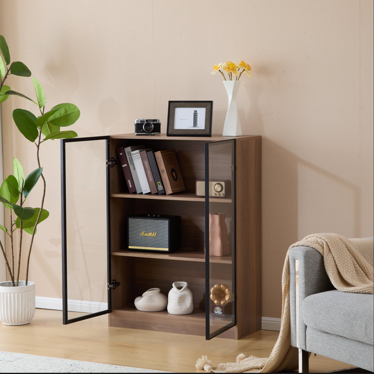BLACKCOLORS Glazen vitrinekast met verlichting, zwarte glazen vitrinekast, zwarte vitrinekast, vitrinekast voor verzamelingen, multifunctionele vitrinekast op voet met 3 legplanken, woonkamermeubel L32/H106/P80 cm