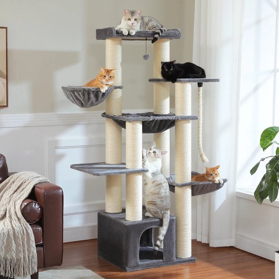 PawHut Kattenkrabpaal 116 cm kattenboom met kattenhol, kattenbed, indoor klimtoren met speelbal, krabplank, pluche krabmeubel voor katten tot 5 kg, beige