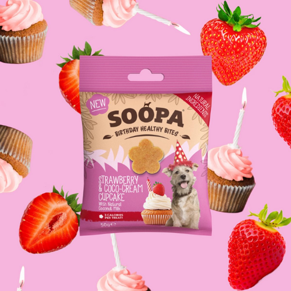 Soopa - Hondensnack - Healthy Bites - Strawberry & Coco-Cream Cupcake - Display 10 stuks