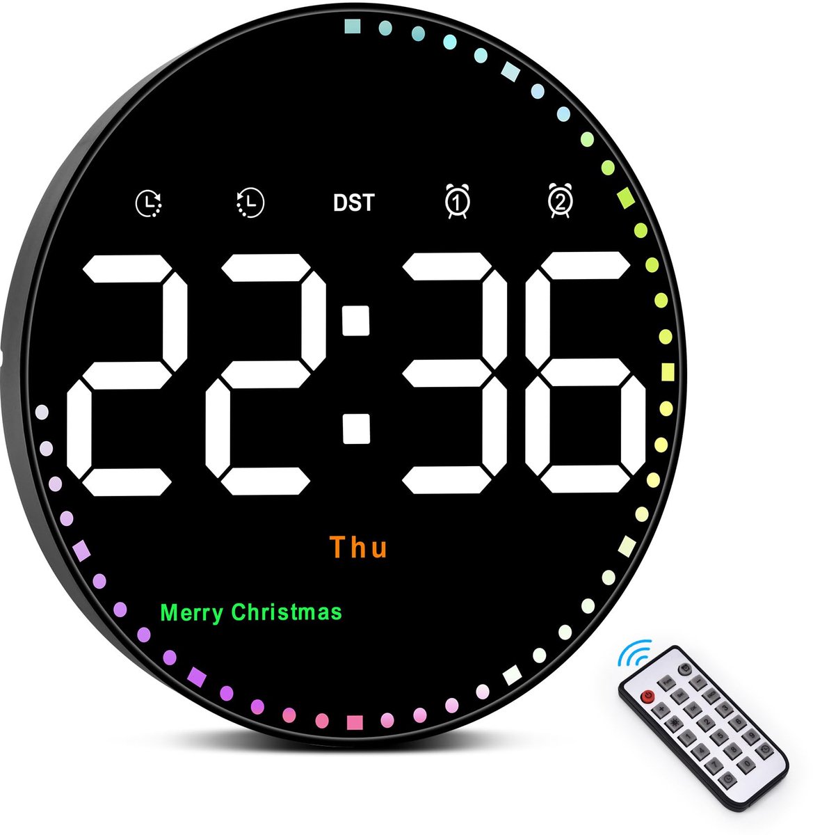 QTTVBTNA -25,4CM Digitale LED-Wandklok met Groot Display – Tijd, Datum, Temperatuur, Dubbel Alarm & Automatisch Dimmen
